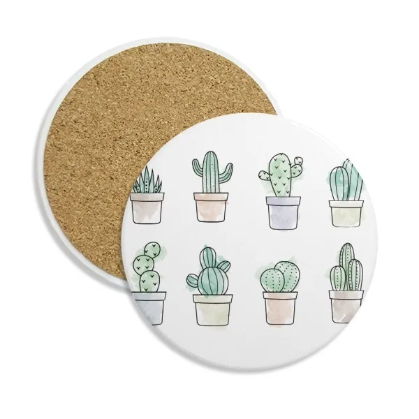 

Succulents Pattern Cactus Potted Plant Illustration Ceramic Coaster Cup Mug Holder Absorbent Stone for Drinks 2pcs Gift