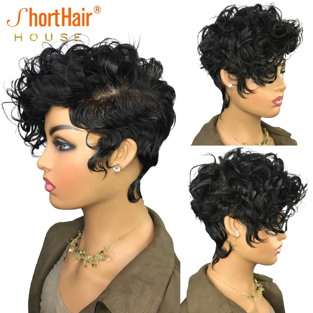 Короткие кудрявые парики из человеческих волос для девочек Pxie Cut на сетке спереди