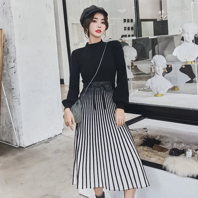 

New Style Knitted Medium-Length Dress Elegant Ladies Temperament Slim Color Matching Pleated Dress Bottom Skirt