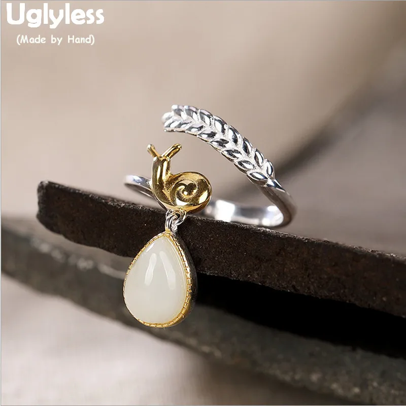 

Uglyless CUTE Handmade Silver Snail Rings for Women Waterdrop Jade Charms Open Ring Real 925 Sterling Silver Animal Jewelry R775