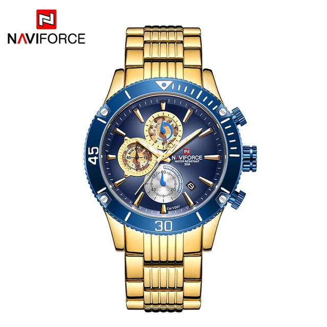 Новые мужские часы NAVIFORCE, армейские военные спортивные наручные часы, мужские водонепроницаемые часы с хронографом и датой, зеленые кварцевые часы, мужские часы - Цвет: gold blue