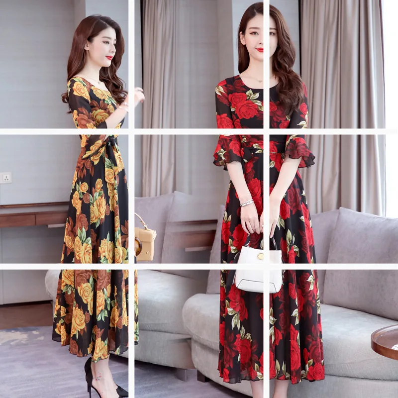 

2019 Autumn Summer New Style WOMEN'S Dress Elegant Young Long Skirts Korean-style Printed Slimming Slim Fit Big Hemline