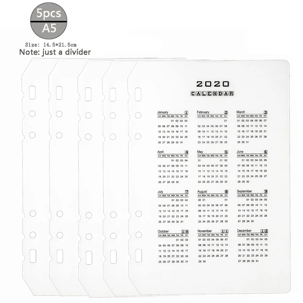 

5pcs A5/A6 Loose-Leaf 2020 Calendar Partition Baffle Transparent Matte Standard 6 Holes Thick 60 Wire