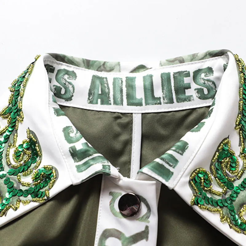 fall clothes for women money dollars print ladies long coats beaded green sequins collar long sleeve belted women fashion coats