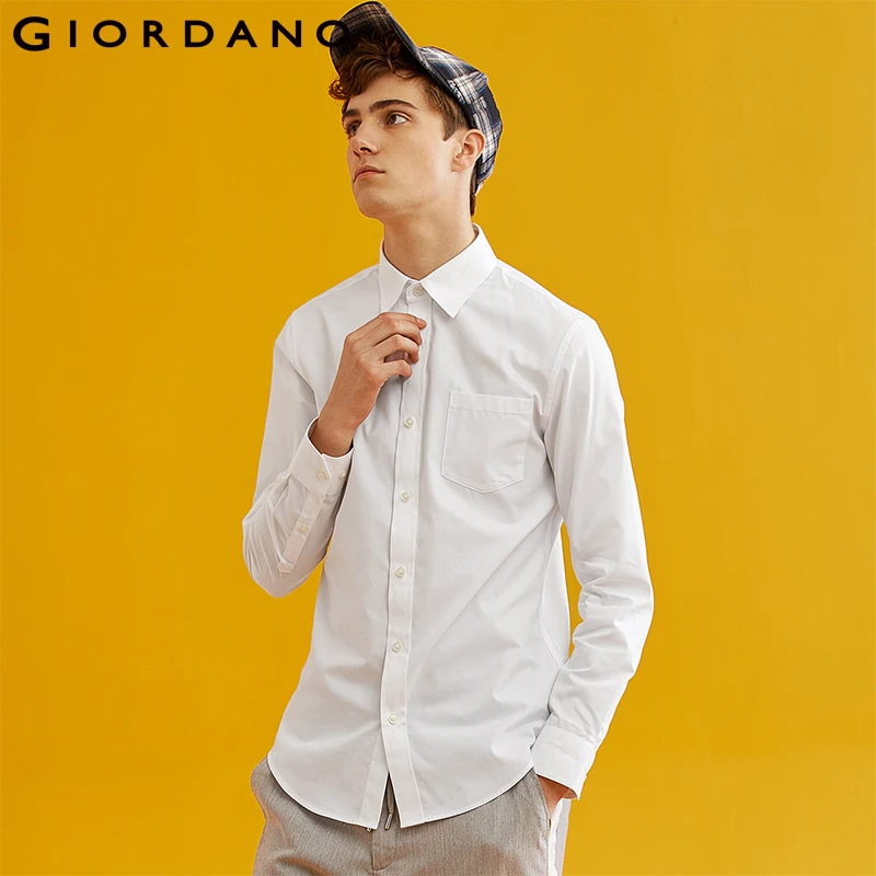 Giordano белая повседневная рубашка slim fit с длинными рукавами,имеет несколько цветовых решений и размеров