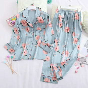 

2020 New Pajamas Suit Satin Women Printed Flower Nightwear Sexy Loose Lapel 2pcs Sleep Set Casual Long Sleeve T-shirt&Pants
