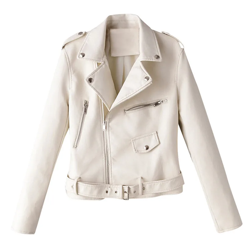 Женские крутые кожаные куртки для девочек, Байкерский стиль, пальто на молнии с длинными рукавами, осенняя куртка с отложным воротником, 9814 - Цвет: Beige