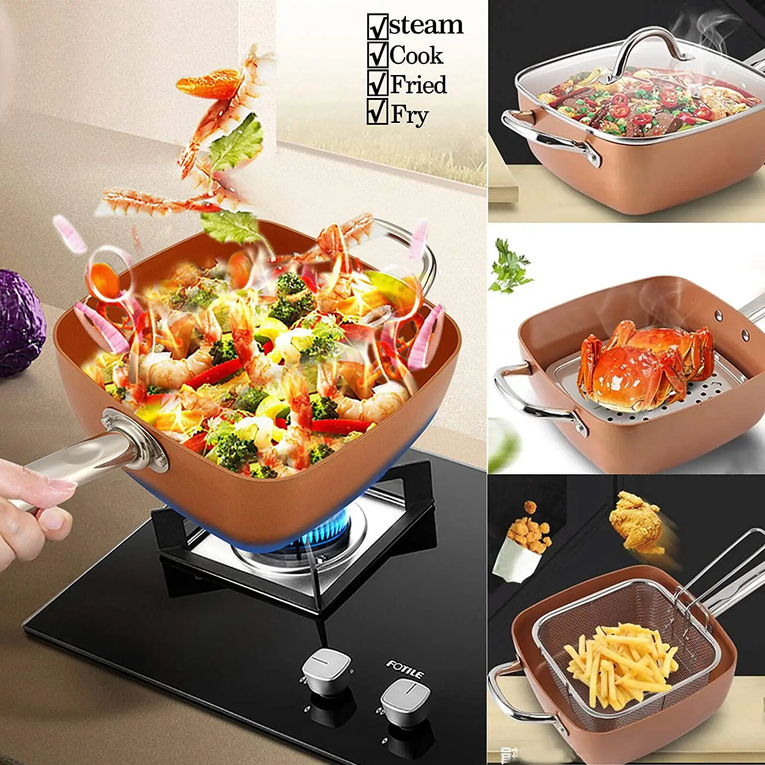 Cook Deep Square pan set Nonstick Copper Pan Chef 4 Piece Set Frying Basket, Steamer Tray for Multi-purpose pot Cookware set - AliExpress