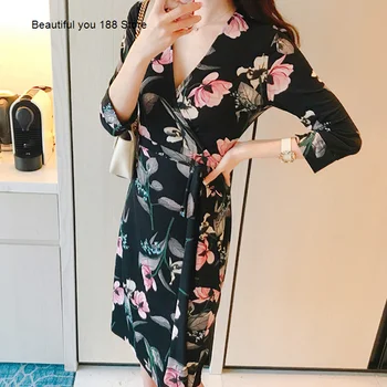 

Retro printed elegant slim dress women's V-neck cropped sleeve waist wrap dress beach vacation mid-length summer