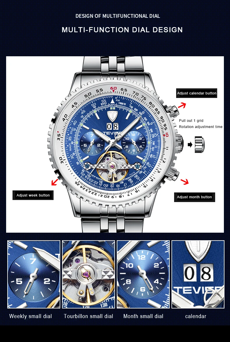 TEVISE Tourbillon наручные часы автоматические механические мужские часы лучший бренд класса люкс водонепроницаемый Нержавеющая сталь Relogio Masculino