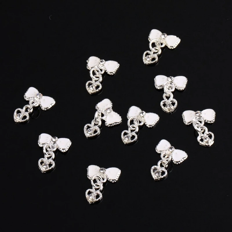 Белый галстук-бабочка сердце 10 штук Серебряный 3D сплав ногтей ломтики блестки DIY украшения