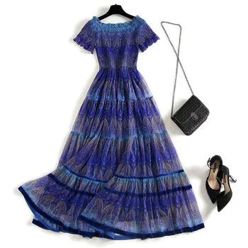 

Elegant Lady Summer Bohemian Dress Women Clothes 2020 New Short Sleeve Slash Neck Print Midi Beach Mesh Chiffon Dresses