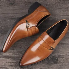Wing Tip Men Formal Dress Shoes Slip On Genuine Cow Leather Oxfords Work Business Shoes Fashion Buckle Wedding Shoes