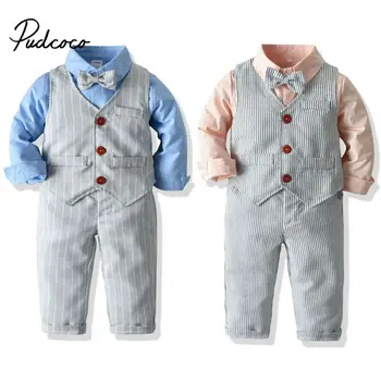 

1-7Y Newborn Baby Boy Christmas Party Gentleman Clothes Sets Striped Dress shirt Top+Bow-knot+Long Pants+Vest Outfits Formal Set