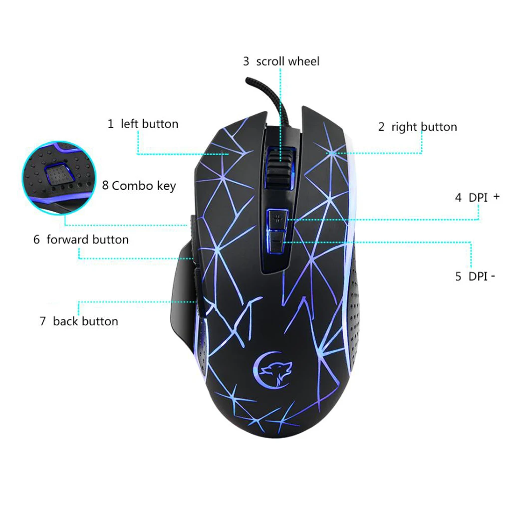 Optical Mouse Wired Colorful Lights G816 USB 9 Buttons DPI 1200-1600-2400-3200 For Laptop, Desktop Computer (Black)
