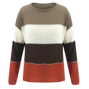 

Women Casual Long Sleeve Comfortable Soft Solid Striped Patchwork Loose O-Neck Sweater Autumn Winter Sweaters свитер женский