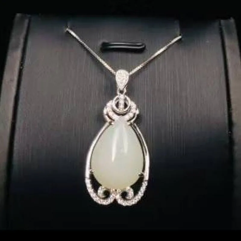 Natural Hetian White Jade Inaly Zircon Water Drop Pendant Jewelry 925 Sterling Silver Necklace Pendant Fine Jewelry