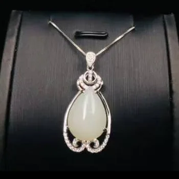

Natural Hetian White Jade Inaly Zircon Water Drop Pendant Jewelry 925 Sterling Silver Necklace Pendant Fine Jewelry