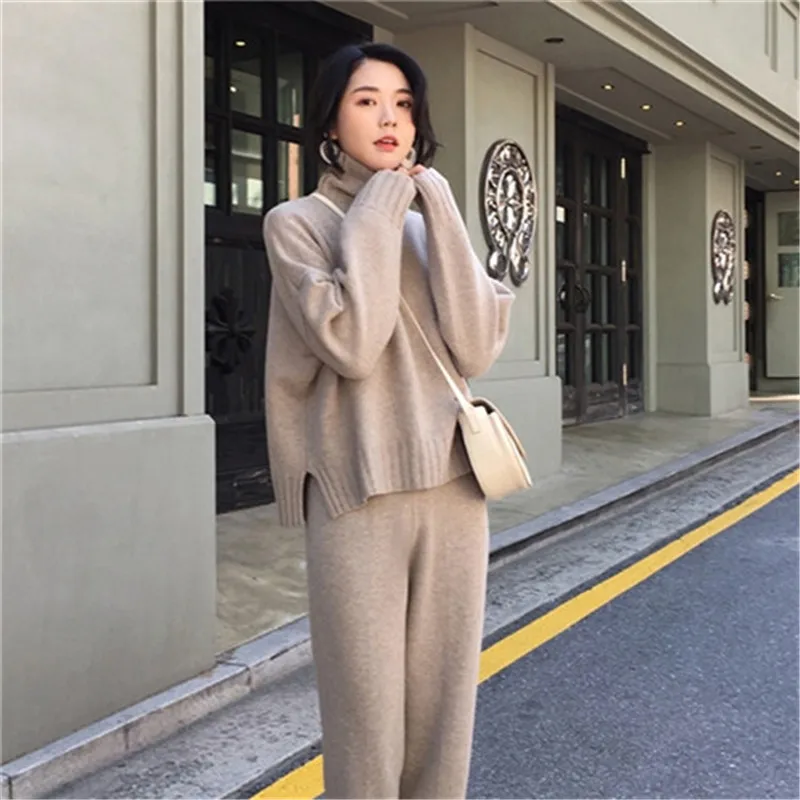 

2019 winter autumn spring knitted tracksuit turtleneck sweatshirts women suit clothing 2 piece set knit pant female pants suit