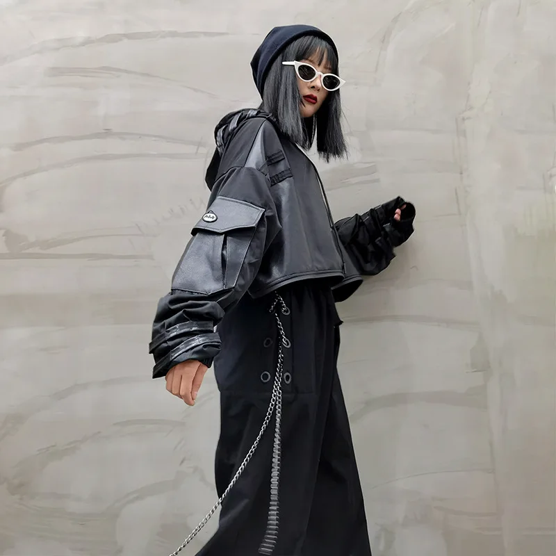 QING MO Black Women Hooded Sweatshirt 2020 Autumn