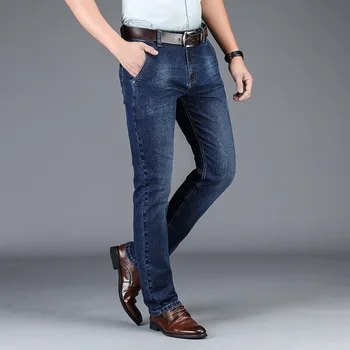

Free shipping 2019 autumn and winter men's business straight jeans in the waist elastic thick pants