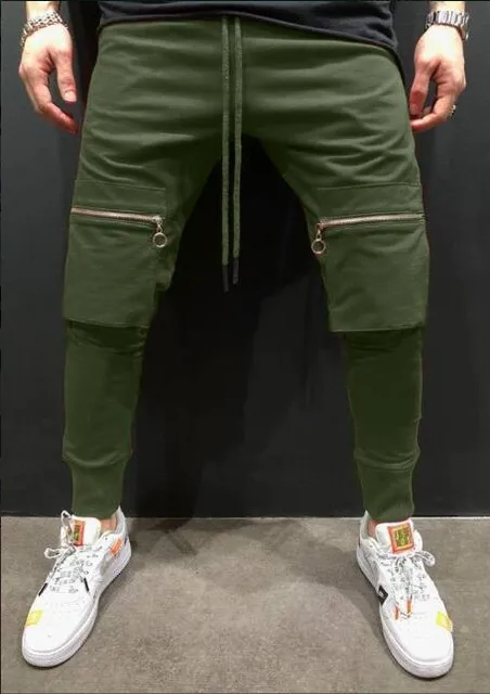 Men Slim Fit Zipper Pocket Long Pant Autumn New Casual Sport Trousers Men's Small Feet Joggers Pants Male Stacked Sweatpants Army Green