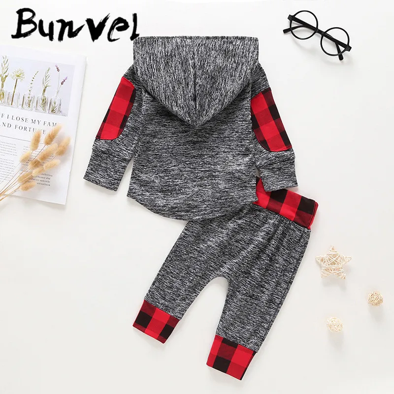 Bunvel/комплекты осенней одежды для маленьких девочек толстовка с капюшоном+ штаны, осенне-зимний комплект одежды в клетку из 2 предметов для новорожденных девочек и мальчиков