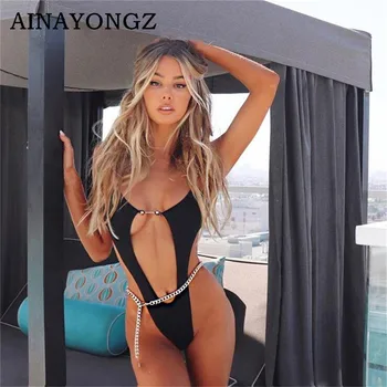 

New Swimsuit Woman Metal Chain Bikini Ladies Swimwear Bodysuit Sexy Hollow Out Bathing Suit Women One Piece Trikinis 2020 Mujer