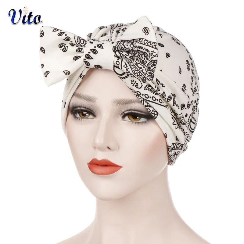 

Women Vintage Elastic Printed Turban Removable Bowknot Head Wrap Bandanas Chemo Hair Loss Cap India hijabs Hair Accessories