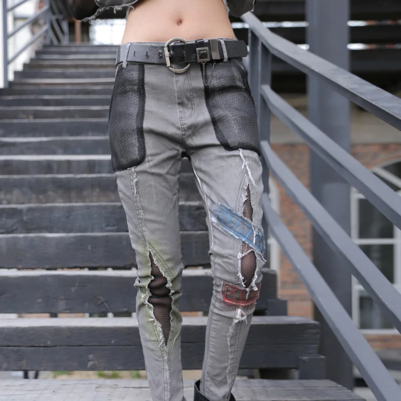 3106 Spring Autumn Woman Cotton Jean Pencil Pants Women Holes Mesh Pockets Slim Jeans Female Streetwear Jean Trousers Girls