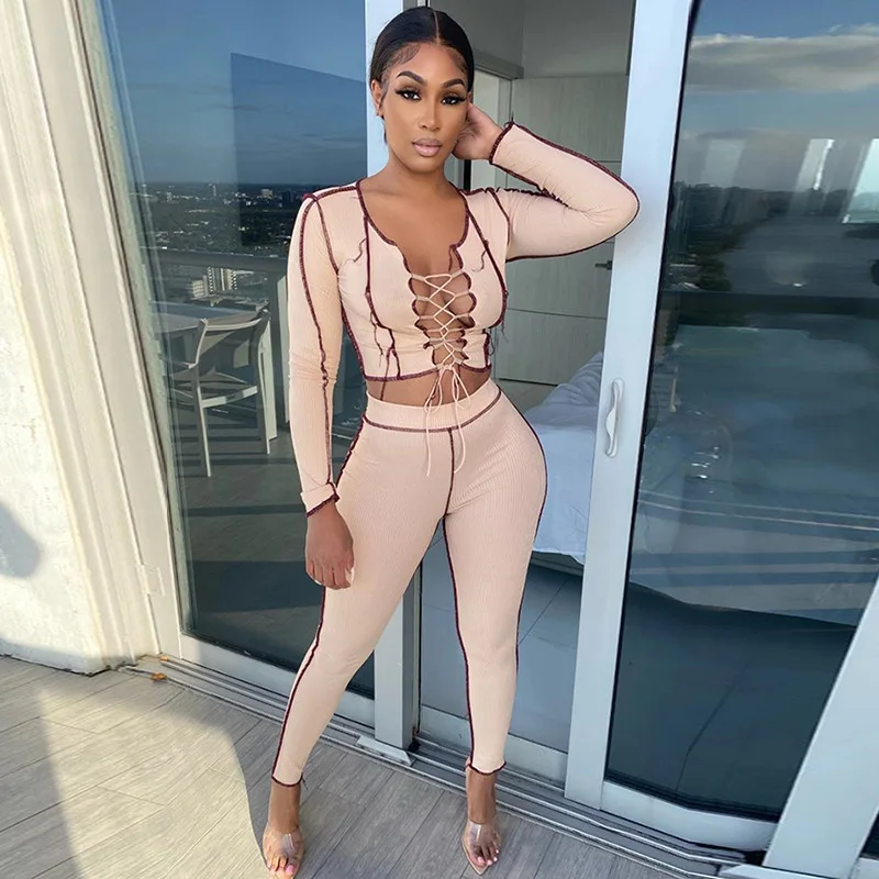 

Hollow Out Lace Up Two Piece Set Women Autumn Solid Bandage Sexy V-Neck Crop Tops+Stretchy Pants Matching Casual Outfits