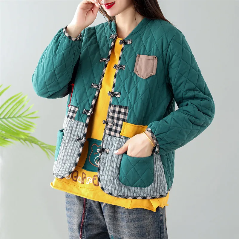 

Origional New Style Applique Cotton Linen WOMEN'S Coat Casual Thick Cotton-padded Clothes Cotton Coat Winter Loose-Fit Stand Col