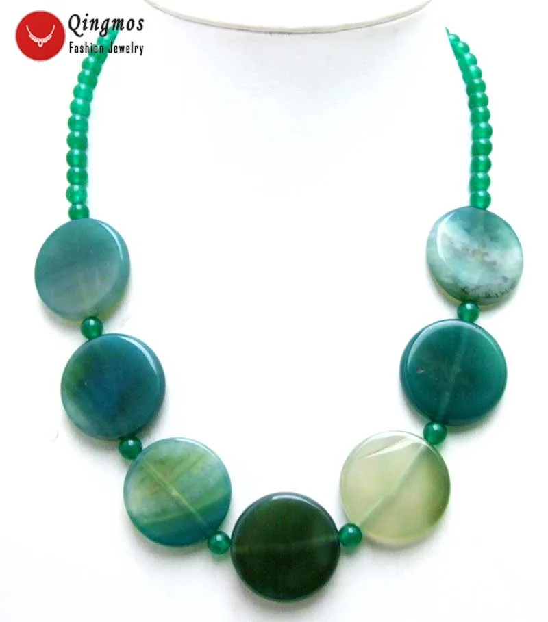 

Qingmos 28mm Coin Round Natural Green Agate Pendant Necklace for Women with Natural Green Jade Stone Long Necklace 20" Jewelry