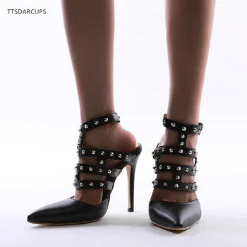 

TTSDARCUPS 2020 European and American trend new rivet hollow 12cm high heel sandals large size 35-42 Shoe woman