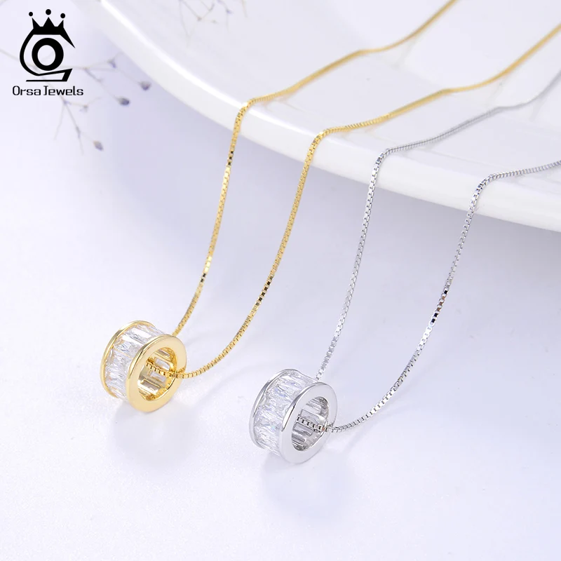 Silver Necklace ORSA JEWELS Trendy Simple Necklace 925 Sterling Silver Women Necklaces With 3 Big Circle AAAA Zircon Jewelry Wedding Gift OSN175