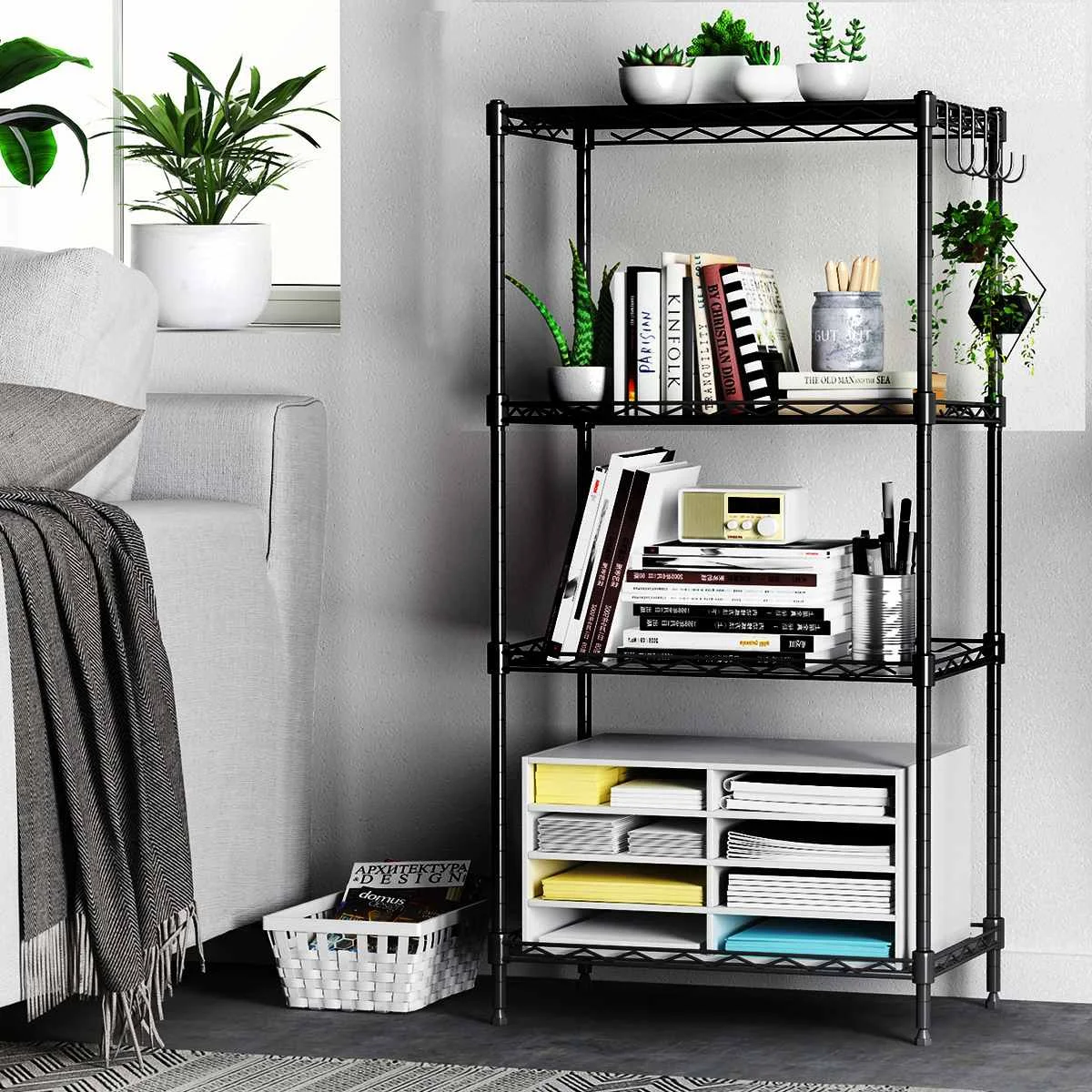

4/5Layer Thicken Wire Rack Metal Book shelf Shelving Adjustable Kitchen Living Room Storage Rectangle Carbon Steel Storage Rack