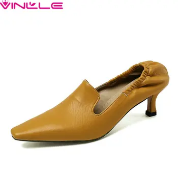 

VINLLE 2020 New Spring Pointed Toe Fashion Thin Heel Slip on Ladies Single Shoes Soft PU Leather Shallow Women Pumps Size 34-43