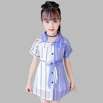 

New Girls Dress Patchwork Striped Kids Dresses For Girls Turn Down Collar Shirt Dress Kids Summer Novelty Dress For Girls Party