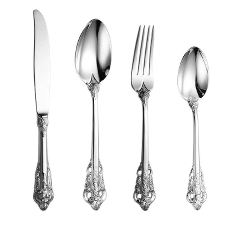 

High End Retro Gold Plating Relief Cutlery 304 Stainless Steel Dinner Knives Forks Teaspoon Set Household Tableware 4Pcs