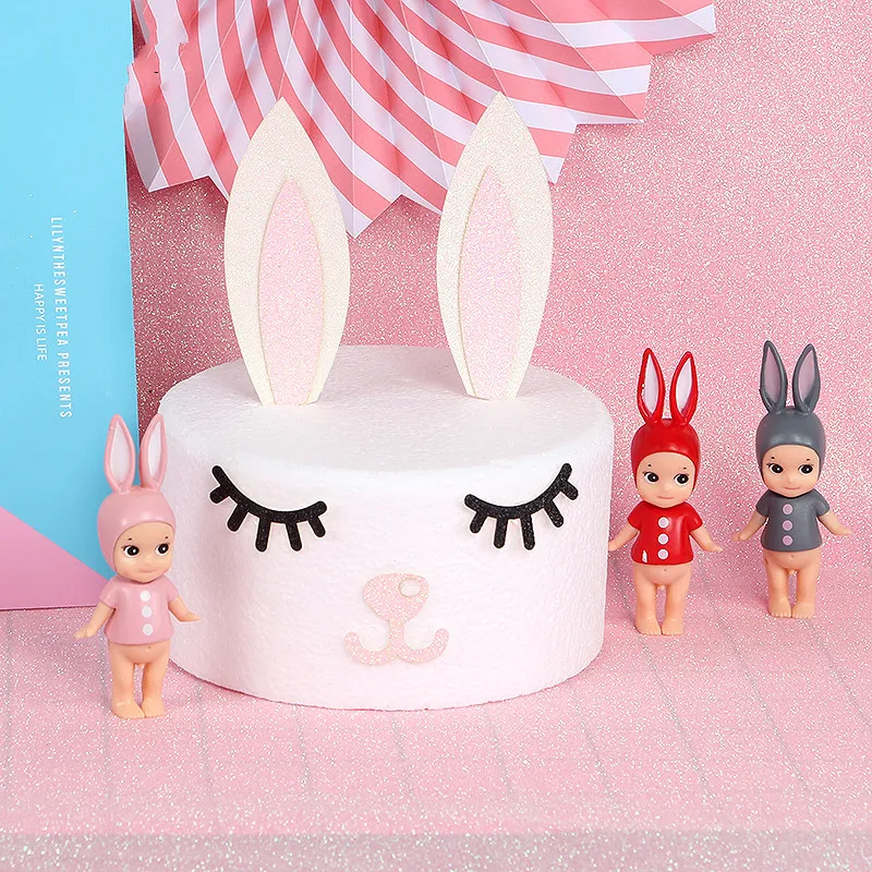 Glitter Sprouting Sleepy Bunny Ears Cake Topper Decorative Plug-in Set Baby Birthday Party Dessert Table Decoration