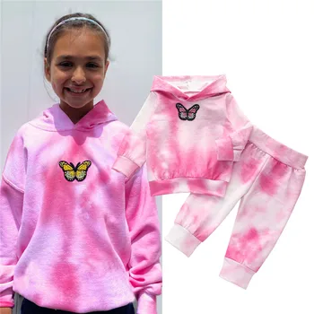 

1-4 Years Kids Baby Girls Hoodies Outfit Set Pink Tie-Dye Print Hoodie Tops Pants Tracksuits For Girls Spring Autumn Clothes
