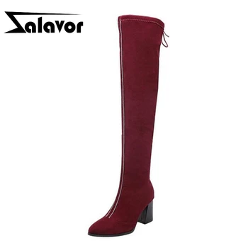 

ZALAVOR Women Slip On Plus Size 32-48 Over The Knee Boots Side Zipper Comfortable Daily Long Boots Square Heels Botas Footwear