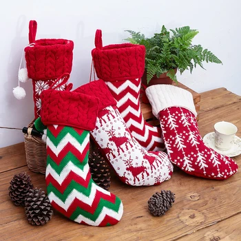 

Knit Christmas Stockings Elk Candy Gift Bags Xmas Tree Snowflake Christmas Stockings For Family Holiday Xmas Party Decorations
