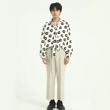 

Korea Japan Style Male Vintage Fashion Show Loose Dress Shirts Men Tie Bow Long Sleeve Casual Flower Shirts