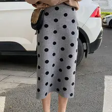 Новые женские мягкие трикотажные юбки с разрезом и высокой талией, винтажные Юбки миди в горошек, осенне-зимние вязаные юбки