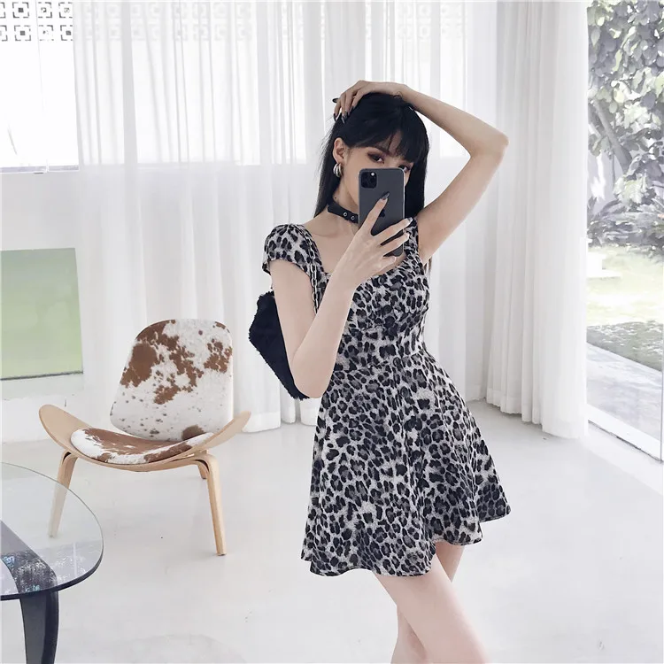 Ruibbit Harajuku Punk Style Women Cute Leopard Printed Dress Square Neck Short Sleeve Sexy Summer Girl Gothic Dresses