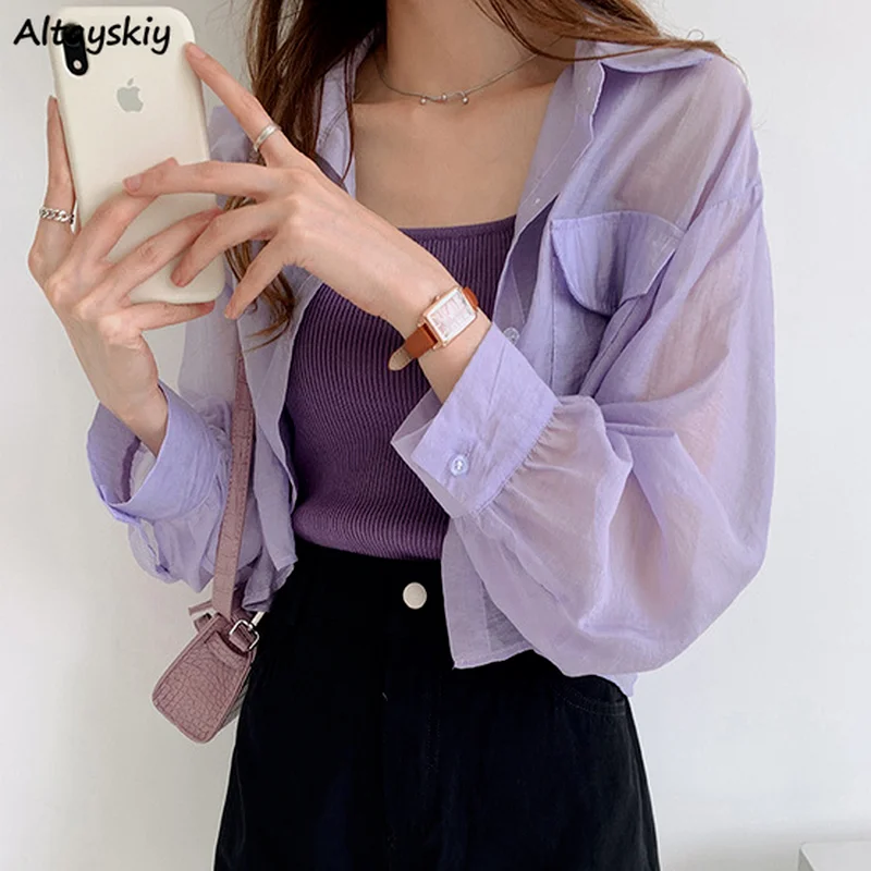 

Рубашки женские укороченные солнцезащитные повседневные для колледжа модные летние свободные женские прозрачные однобортные Топы в стиле ольччан для отдыха