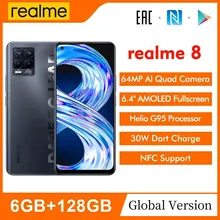 realme 8 6.4"FHD+ AMOLED Display NFC  6GB 128GB 64MP AI Quad Camera Helio G95 Octa Core 5000mAh 30W Dart Charge Mobile Phone