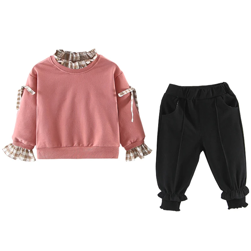 

Autumn Baby Girls Long Sleeve Plaid Patchwork Print Sweatshirt Tops+Pants Trouser Costume Set