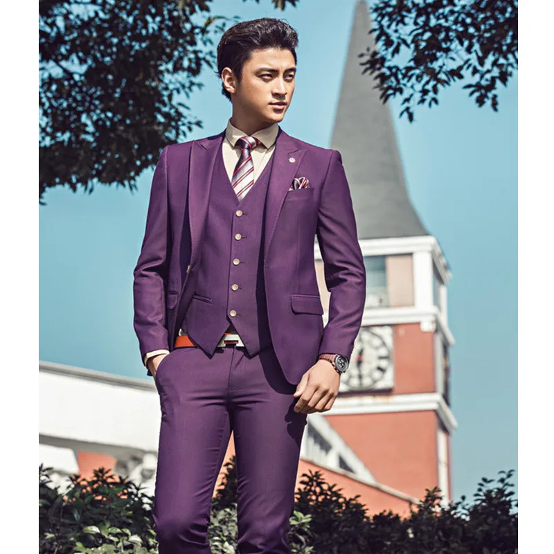 

Ternos Masculino 2017 Stock Purple Men Groom Suits Wedding Suits Bridal Tuxedos Formal Business Blazer (jacket+pant+ Vest) A068